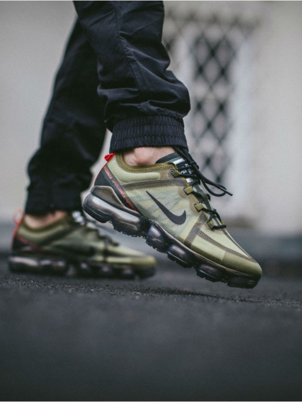 Nike Men's Olive Green and Black VaporMax Athletic Shoes with Red Pull Tab 2018